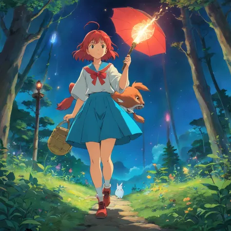 April ONeil, fairy tale forest at night, shooting stars, Totoro, woman with torch in hand, red hair, skirt, short top, fishnet stockings and short boots, a girl wearing an anime collar, a long necklace and earrings, in the style of tranquil gardenscapes, c...