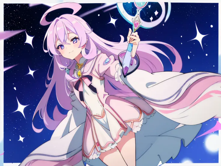 Create a charming mahou shoujo girl with a delightful smile, dressed in a colorful and frilly costume adorned with magical symbols. She should have long, flowing hair that matches the colors of her costume. The mahou shoujo should be floating gracefully on...