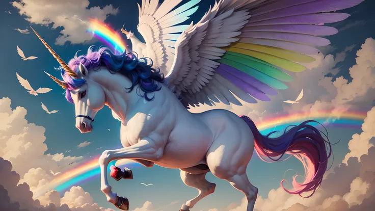 a stunning unicorn with powerful wings flying in the sky, rainbow in the background  -imagine --auto --s2