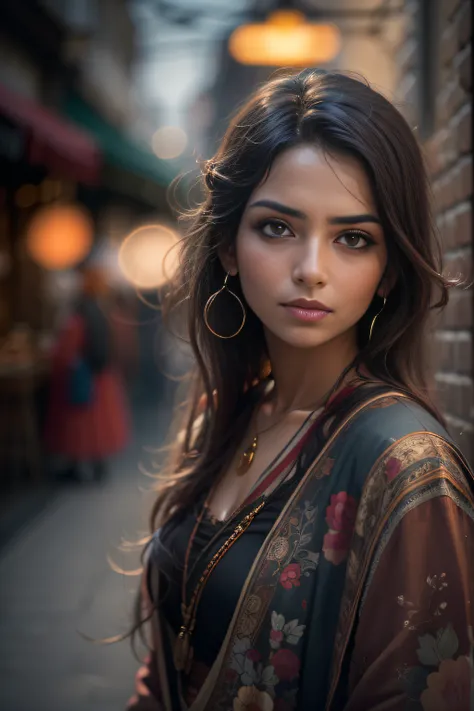 A beautiful woman,orientalisch wirkende frau,orientalisch gekleidet,Beautiful woman in the foreground,stadt weit im hintergrund,Beautiful woman looks at the camera,vor schwarzem hintergrund,blur