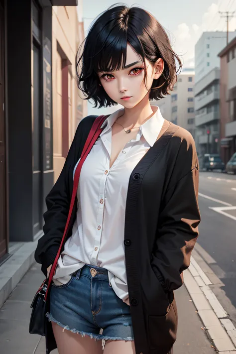 short hair, black hair, red eyes, cardigan, Straight Face, looking at viewer, sketch, --niji 5 --style scenic --ar 1:1 --s 1000