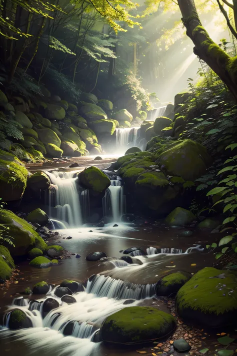 Nature scene, lush greenery and a babbling brook, Canon EOS R5 with a 24-105mm lens, golden hour lighting with dappled sun rays, realistic landscape photography with fine detail.