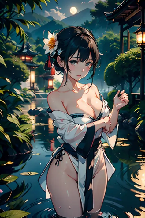 1girl, breasts, moon, Lantern, night, 独奏, big breasts, hair decoration, moist, けもの, japanese clothes, sloshing, water, hair flower, flower, outdoors, sky, Full moon, Rain, Black hair, off shoulder, mountain, cloud, holding, sash, bare shoulders, Paper lant...