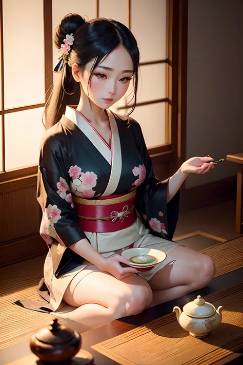 beautiful detailed eyes, beautiful detailed lips, long black hair tied up in a bun, porcelain skin, traditional kimonos, delicate flowers in her hair, elegant posture, traditional Japanese makeup, excitement in her eyes, anticipation, traditional tea cerem...