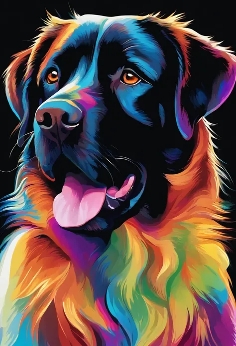 A painting of a colorful Labrador dog on a black background,, breathtaking rendering, inside a radiant connection, inspirada em Kinuko Y. Craft,, Magical Elements, kitten icon, uau, its beautiful, casting a colorful multi spell, bright flash, glare