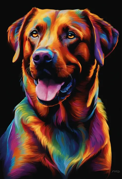 A painting of a colorful Labrador dog on a black background,, breathtaking rendering, inside a radiant connection, inspirada em Kinuko Y. Craft,, Magical Elements, kitten icon, uau, its beautiful, casting a colorful multi spell, bright flash, glare