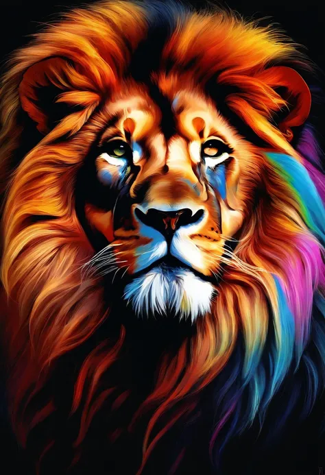 a painting of a majestic and colorful lion on a black background,, breathtaking rendering, inside a radiant connection, inspirada em Kinuko Y. Craft,, Magical Elements, kitten icon, uau, its beautiful, casting a colorful multi spell, bright flash, glare