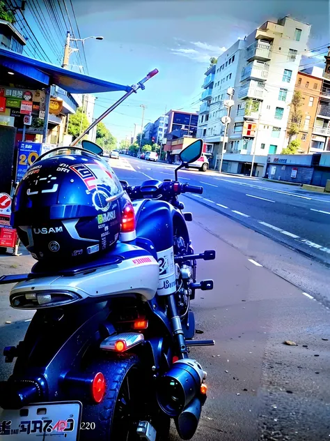 motorcycle parked on the side of the road with a helmet on the back, helmet view, touring, taken with the best 3D picture, one motorbike in center of frame, riding on the road, without helmet, taken in 2 0 2 0, riding a motorbike down a street, taken with ...