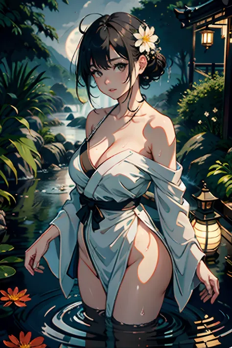 1girl, breasts, moon, lantern, night, solo, large breasts, hair ornament, wet, kimono, japanese clothes, wading, water, hair flower, flower, outdoors, sky, full moon, rain, black hair, off shoulder, mountain, cloud, holding, sash, bare shoulders, paper lan...