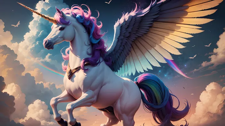 a stunning unicorn with powerful wings flying in the sky, rainbow in the background  -imagine --auto --s2