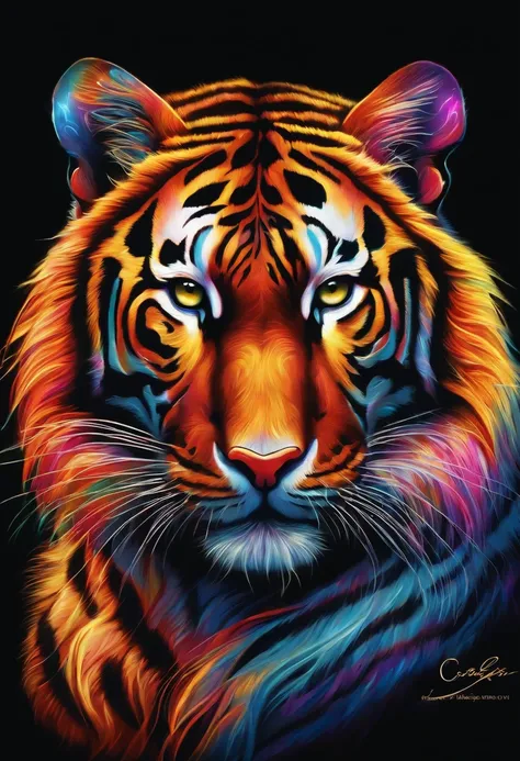 a painting of a colorful tiger on a black background,, breathtaking rendering, within a radiant connection, inspired by Kinuko Y. Craft,, magical elements, kitten icon, wow, is beautiful, casting a multi colorful spell, bright flash, flash