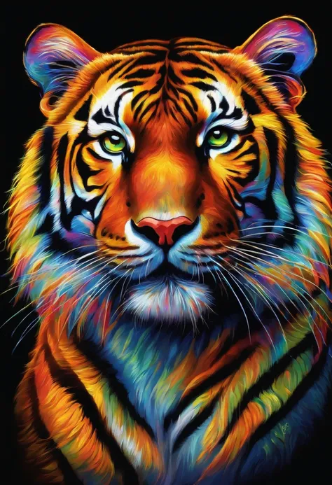 a painting of a colorful tiger on a black background,, breathtaking rendering, within a radiant connection, inspired by Kinuko Y. Craft,, magical elements, kitten icon, wow, is beautiful, casting a multi colorful spell, bright flash, flash