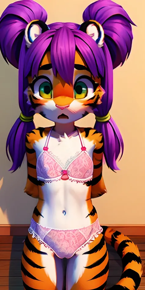 Cute little character in bright 3d with front, Tiger, Cute little girl, petite,long purple hair, white lingerie, sweetie, pigtails, scared, dripping, spread