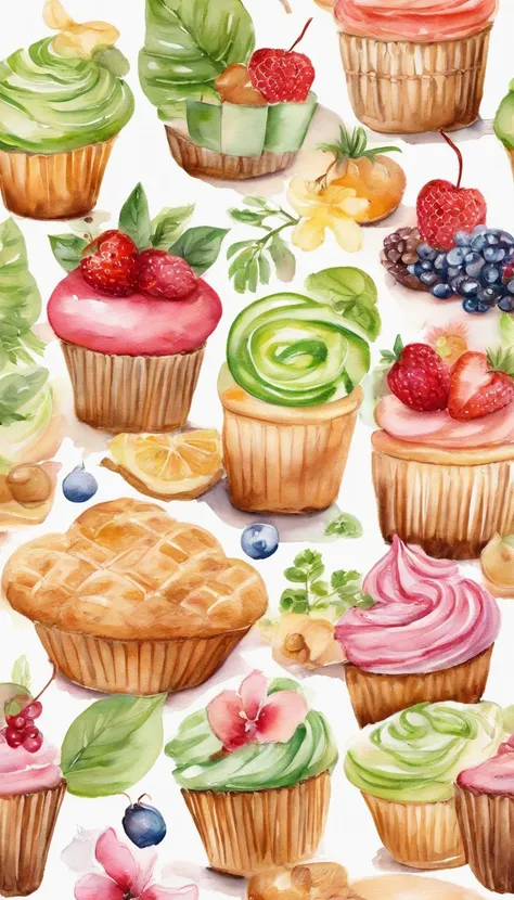 （pastel colours:1.2)、(cute illustration:1.2)、(watercolor paiting:1.2)、whitebackground、florals、Green leaf、fruits、tropical fruits、citric acid、acid、Sweet & Sour、Light pinkish-green along the entire length、Waffles、bread、Delicatessen、Cupcakes、Tiramisu、Cream cak...