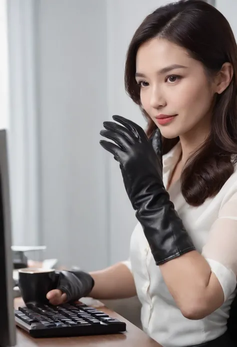 Wearing black leather gloves in both hands, upper body, black business suit, facing the desk in my room with a computer in the dark, tapping the keys of the computer keyboard with the fingertips of black leather gloves while looking at the screen, black ha...