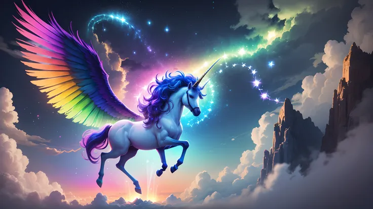 a stunning and powerful unicorn with 2 wings flying in the sky, rainbow in the background  -imagine --auto --s2