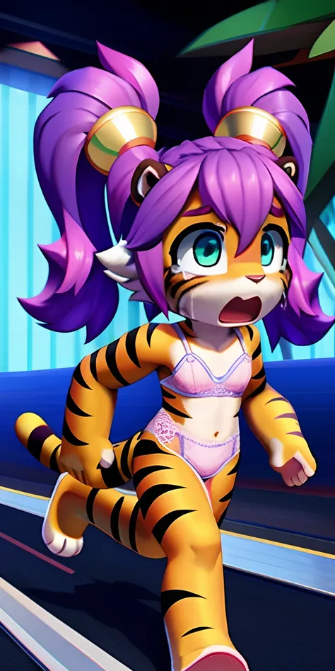 Cute little character in bright 3d with front, Tiger, Cute little girl, petite,long purple hair, white lingerie, sweetie, pigtails, scared, dripping, spread, crying, running, raindow, gold, high-definition high-quality 4k resolution