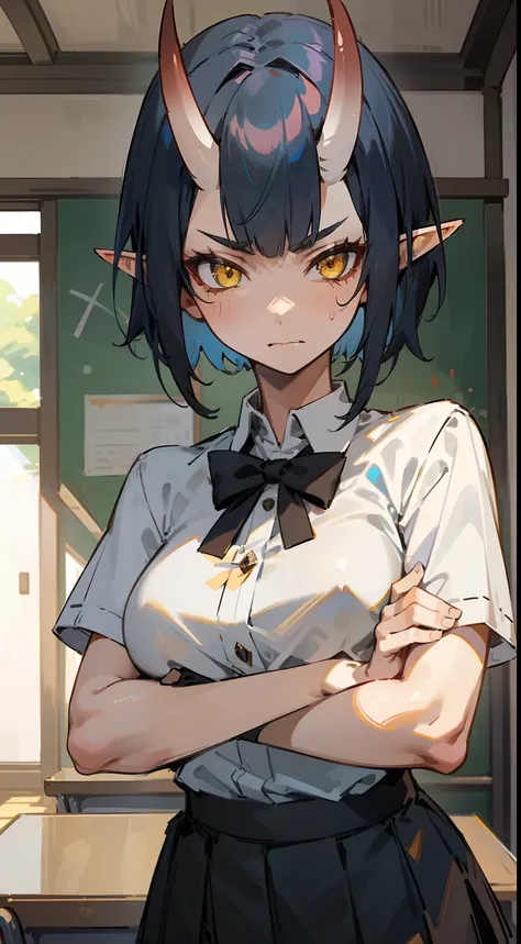 1oni girl,solo,serious face,white shirt,black skirt,blue hair, short hair,,yellow eyes,elves ears,mature female,oni horns,classr...