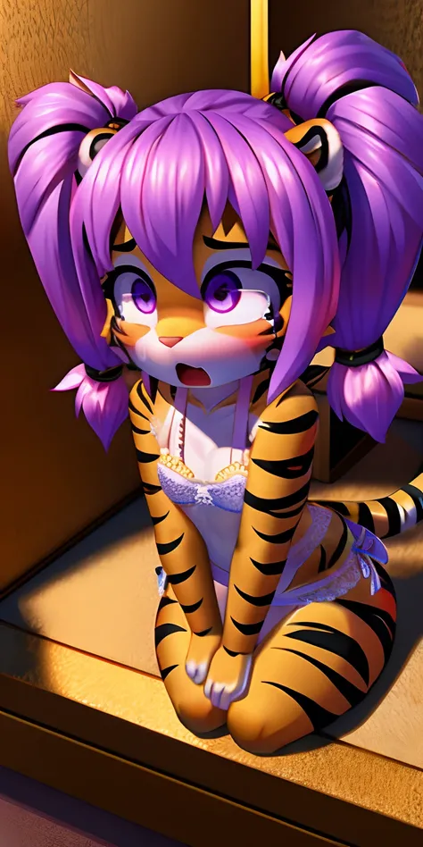 Cute little character in bright 3d with front, Tiger, Cute little girl, petite,long purple hair, white lingerie, sweetie, pigtails, scared, dripping, spread, crying, hiding, raindow, gold, high-definition high-quality 4k resolution