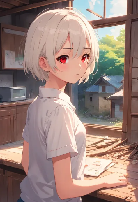 1girl, cute, loli, short white hair, red eyes, wearing plain white shirt, abandoned house, absurdres, high res, ultrasharp, 8K, masterpiece, looking at viewer