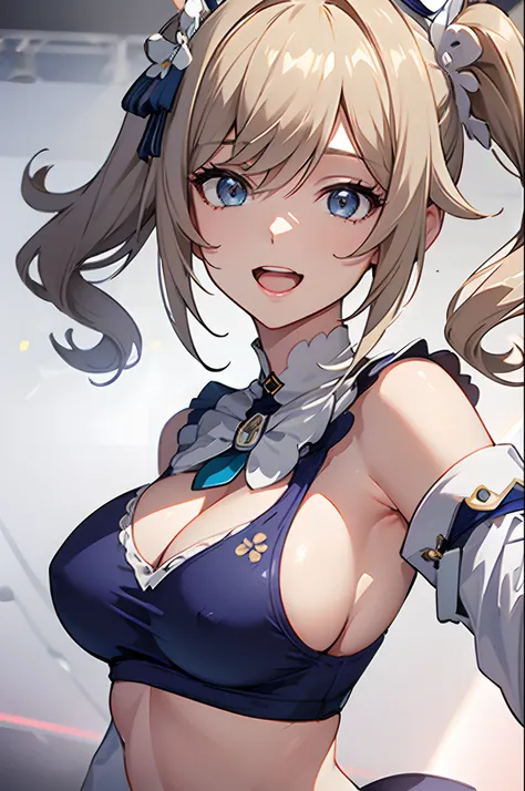 anime, style image of a woman in a crop top bikini,(white crop top:1.4),(dark blue micro skirt:1.3), undersized clothes, 1girl,barbara (genshin impact),smilechoker,sailor hat,hat flower,blue eyes,blonde hair,twintails,detached sleeves,bare shoulders,thigh ...