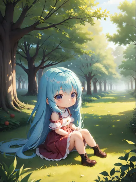 Chibichara　Picking chestnuts in a chestnut grove　long hair with blue hair((Chibi Chara))、A charming smile、Fluffy、girl with、Chibi Chara、Friends of the Forest、full body Esbian、Pastel colors hair、masutepiece、top-quality、