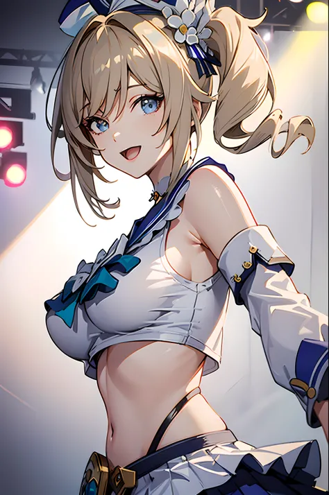 anime, style image of a woman in a crop top bikini,(white crop top:1.4),(dark blue micro skirt:1.3), undersized clothes, 1girl,barbara (genshin impact),smilechoker,sailor hat,hat flower,blue eyes,blonde hair,twintails,detached sleeves,bare shoulders,thigh ...