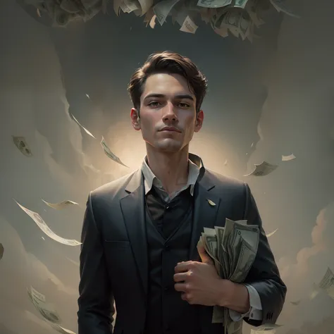 A detailed painting of a person in a suit, surrounded by a flurry of dollar bills, with the book Financial Freedom Formula in the center. And  also ned a perfect face cutting but do not change the face