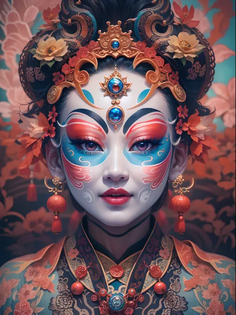 ((Masterpiece:1.1)),((High quality)),(Crazy details.),1girll, Portrait,(beijing opera:1.1),closeup of face，There is a hand on it,Oriental face,Detailed face,Theatre masks,inspired by Wu Daozi,(Symmetrical painted face:1.3),colorful face,overdetailed art,Ro...