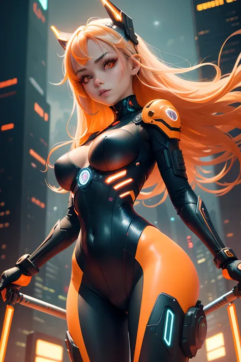 (sfw), intricate details, 1girl, night, (bright neon colors), ((flying over futuristic cyberpunk city)), detailed background, (petite cyborg girl, ((cute perfect face, bright glowing red eyes)), (perfect anatomy, petite perky breasts), (absurdly long gradi...