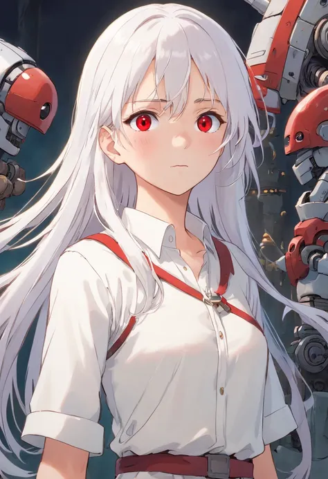 1girl, long white hair, red eyes, robotic eyepatch, robotic body parts, wearing plain white shirt, war, high res, ultrasharp, 8K, masterpiece, looking at viewer, crying