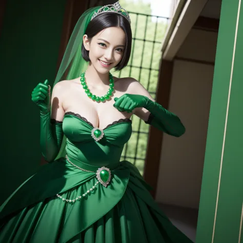 emerald tiara, Green Pearl Necklace, Boyish very short green hair, lipsticks, Japan woman smiling, very short short hair, fist, big breasts beautiful, Green eyes, Long green gloves made of satin material, Green eyes, Pregnancy, Pregnant Woman