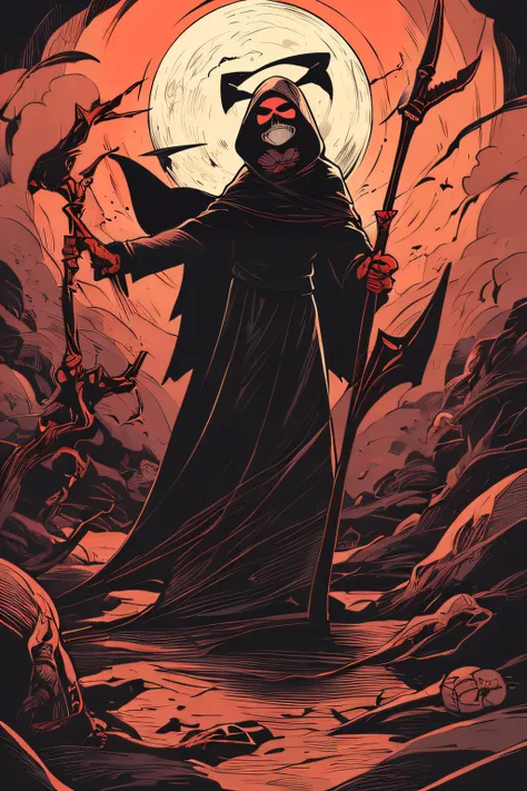 cute grim reaper with a scythe、bones、orange flame、playing with bats