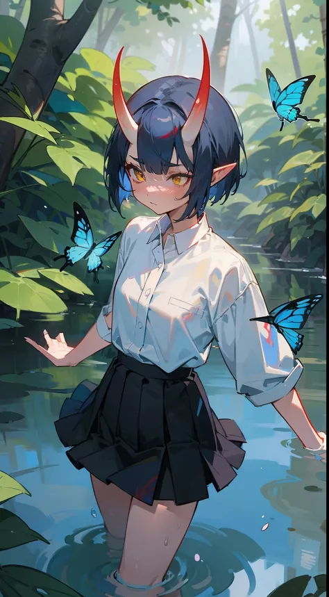 1oni girl,solo,serious face,white shirt,black skirt,blue hair, short hair,,yellow eyes,elves ears,mature female,red oni horns,(((masterpiece,hd))),walking in the water in a forest,hundreds of blue luminous butterflys around,hidden arms