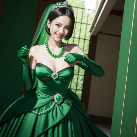 emerald tiara, Green Pearl Necklace, Boyish very short green hair, lipsticks, Japan woman smiling, very short short hair, fist, big breasts beautiful, Green eyes, Long green gloves made of satin material, Green eyes