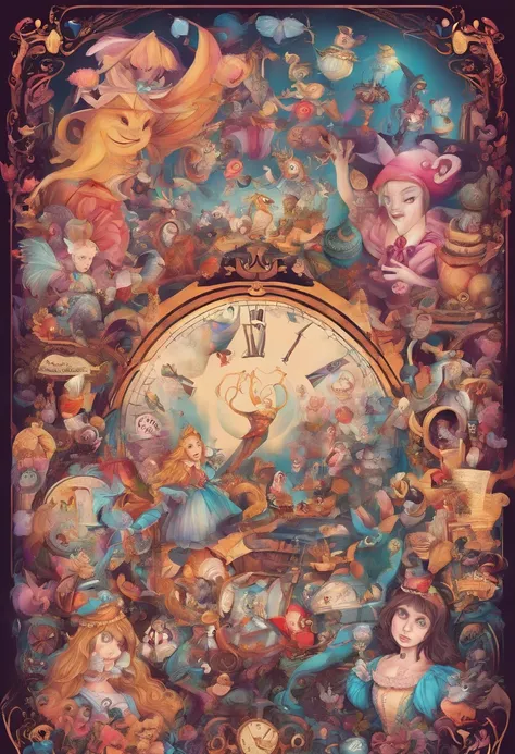 a bunch of cartoon characters with a sign, the theme of alice in wonderland, alice in wonderland style, alice in wonderland theme, like alice in wonderland, portrait of alice in wonderland, alice, alice in wonderland, alice attends mad tea party, alice in ...