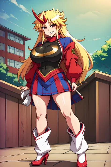 hoshiguma yuugi, big breast, large skirt, traditional german clothing, bloon hair, red eyes, single horn,oni, closed pullover,lo...