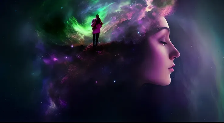 Arafed image of a woman with a space background, no plano astral ) ) ),  lost in a lucid dream, sua mente contemplando a eternidade, astral projection, lucid dreaming, strange portrait with galaxy, Viagem Astral, Olhando para o cosmos, cosmic lsd poster ar...