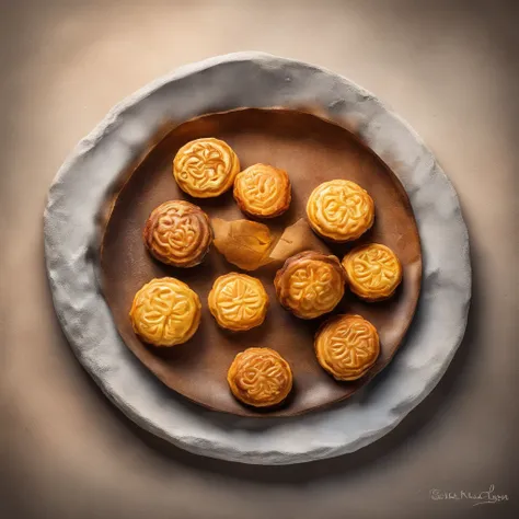 A plate of moon cake on a round paper tube, Ein Mond in Form eines Buchstabens, Sternennacht, Dichter Nebel am Boden, Blaues Licht am Horizont, Unreal Engine 5, filmisch, Fotografie mit niedrigem Winkel, motion blur, Depth of field,, Hyper-detailliert, bea...