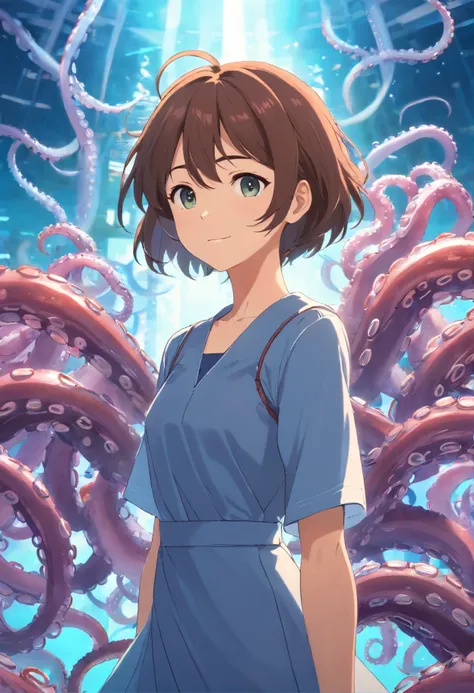 [tmasterpiece，Best quality，cinematic Film still from，HD animation，Realistic style，Amazing，dark feeling，1 woman in light smile，23-year-old，Solo，(upper body:0.8)，Wearing a leather touch-chest dress，standing at(A large group of smooth tentacles:1.0)in front，S...