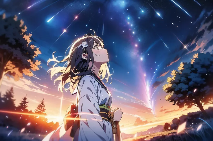 in 8K、top-quality、​masterpiece、ultra-detailliert、Ultra-high resolution、(((Anime style)))、1 woman、robe blanche、A dark-haired、Night sky on background、Aurora、look up to