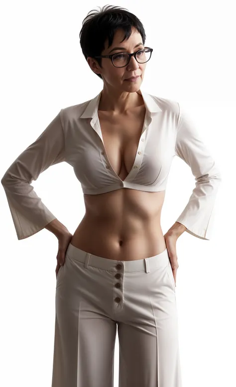 overly succinct clothed bespectacled cheeky aged elderly older mature nerd self-confident saucy woman puncher proudly wears unbuttoned ivory-creamy fit stretched overly skimpy midriff-shirt with higher neck and with deep unglued V-neck pinned by one only i...