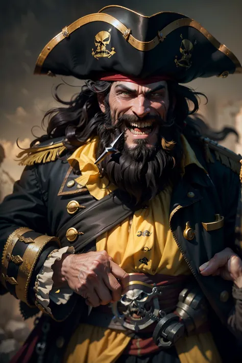 Blackbeard pirate, with yellow smile, evil laugh, professional color grading, soft shadow, no contrast, sharp and clean, focus, film photography