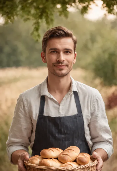 Baker man holding some bread in basket presenting something