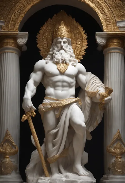 (best quality,4k,8k,highres,masterpiece:1.2),ultra-detailed,(realistic,photorealistic,photo-realistic:1.37),mighty pagan god,sculpted marble statue,breathtaking hand-carved details,imposing and majestic figure,ancient deity with immense power,enormous musc...