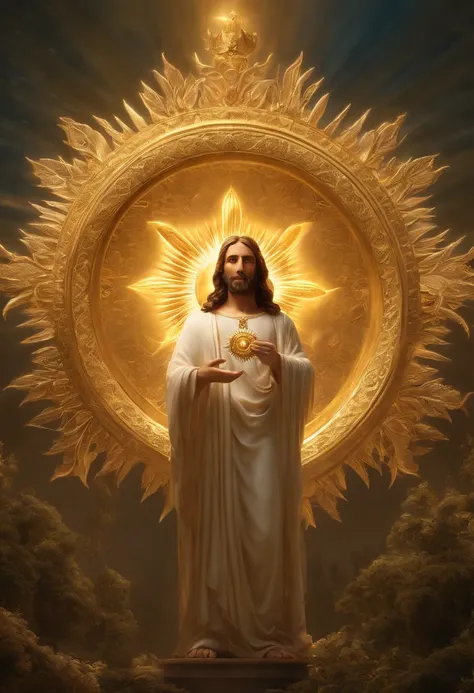 highly detailed portrait of a jesus christ sun god halo of light, gold, unreal engine, art by mark ryden, lostfish, earl norem, global illumination, god rays, detailed and intricate environment, elden ring style