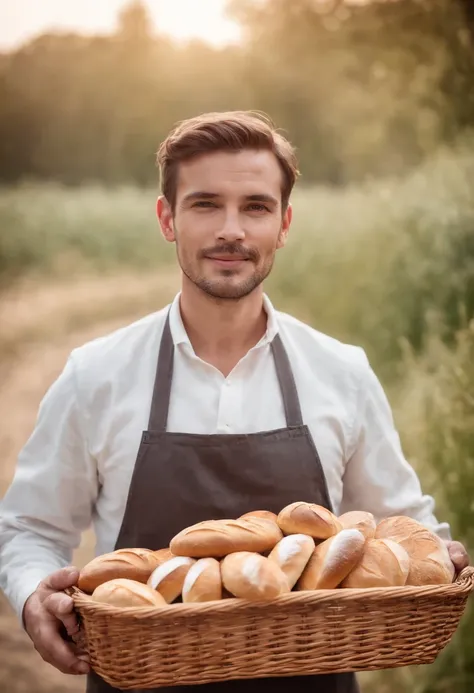 Baker man holding some bread in basket presenting something