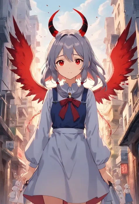 Dull hair, Gray hair，Red Eyes，Long whit hair，demonic horns，Broken maid clothes，Girl body type，Very cute，There are tears in the eyes，Behind it are the Devils Wings，There was a little blood on his body，8K，Hands are not missing，Look into the camera，Empty eyes...