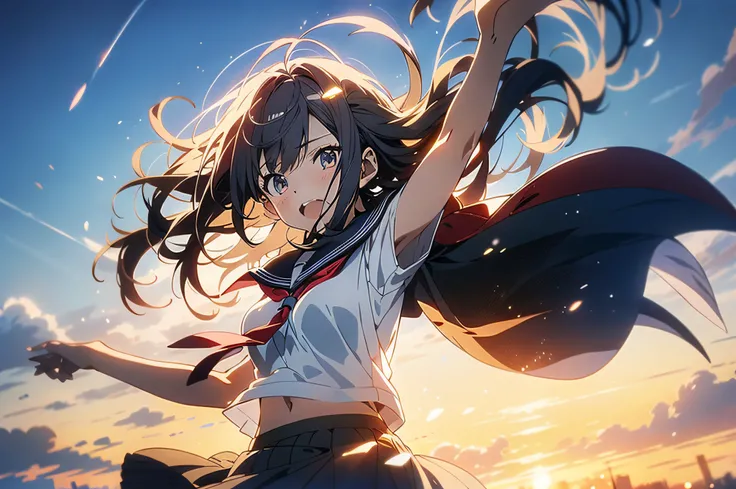 in 8K、top-quality、​masterpiece、ultra-detailliert、Ultra-high resolution、(((Anime style)))、1 High School Girl、校服、School route、heavy wind、Check skirt、Skirt flipping in the wind、Skirt suppressed、Impatient、low angles