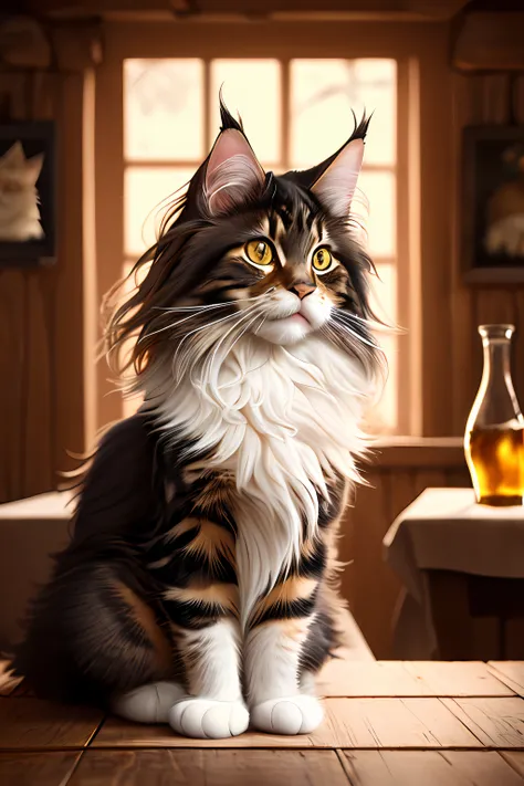 modelshoot style, 8k, portrait of a cute maine coon cat sitting on a wooden table in a medieval tavern, detailed fur, trending on ArtStation, trending on CGSociety, Intricate, High Detail, Sharp focus, dramatic lighting, digital painting, digital art, by a...